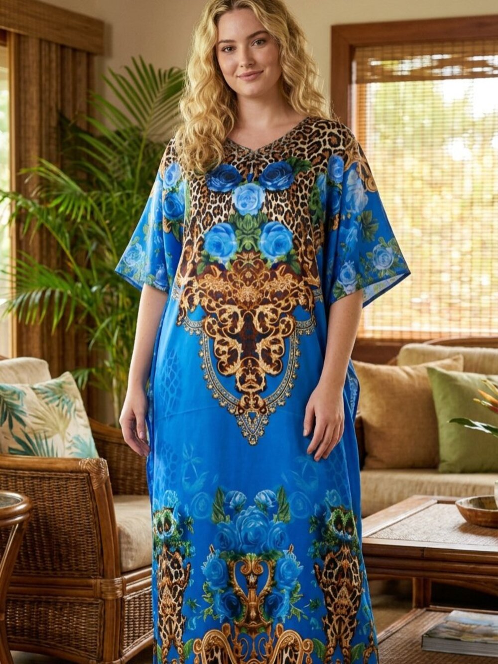 Plus Size Royal Blue Leopard Print Satin Silk Kaftan Dress for Woman